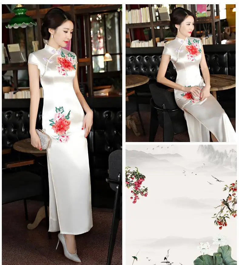 Classical Women Long Show Satin Chinese Dress Elegant Slim Embroidery Flower Qipao Cheongsam Retro Mandarin Collar Evening Gown - Seprincess