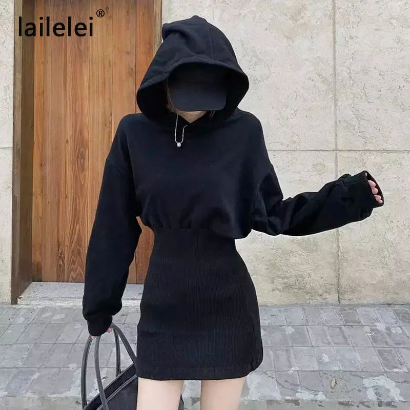 Hoodies Sweatshirt Knitted Dress Mini Black Long Sleeve Cotton Winter Vestido Corto Casual Korean Harajuku Fall 2020 Robe Femme - Seprincess