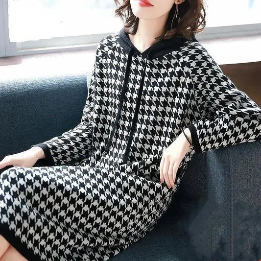 6XL Women's Dress 2024 Autumn Summer New Fashion Houndstooth Hooded Sweater Hoodie Dresses Winter Long-Sleeved Base Dress Female - Seprincess