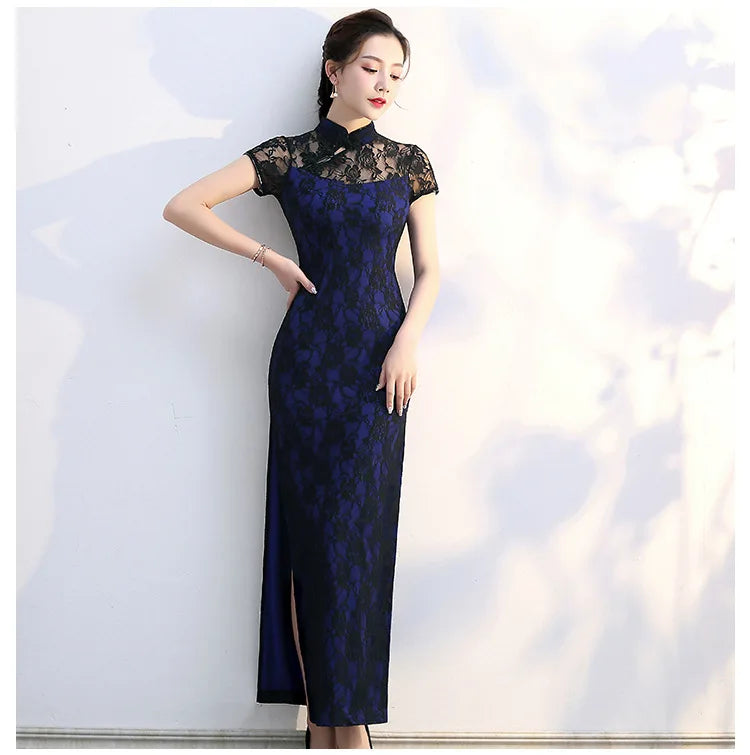 Lace Floral Perspective Collar Qipao Sexy Long Women Cheongsams Big Size 3XL 4XL 5XL Chinese Dress Grace Evening Party Vestidos - Seprincess