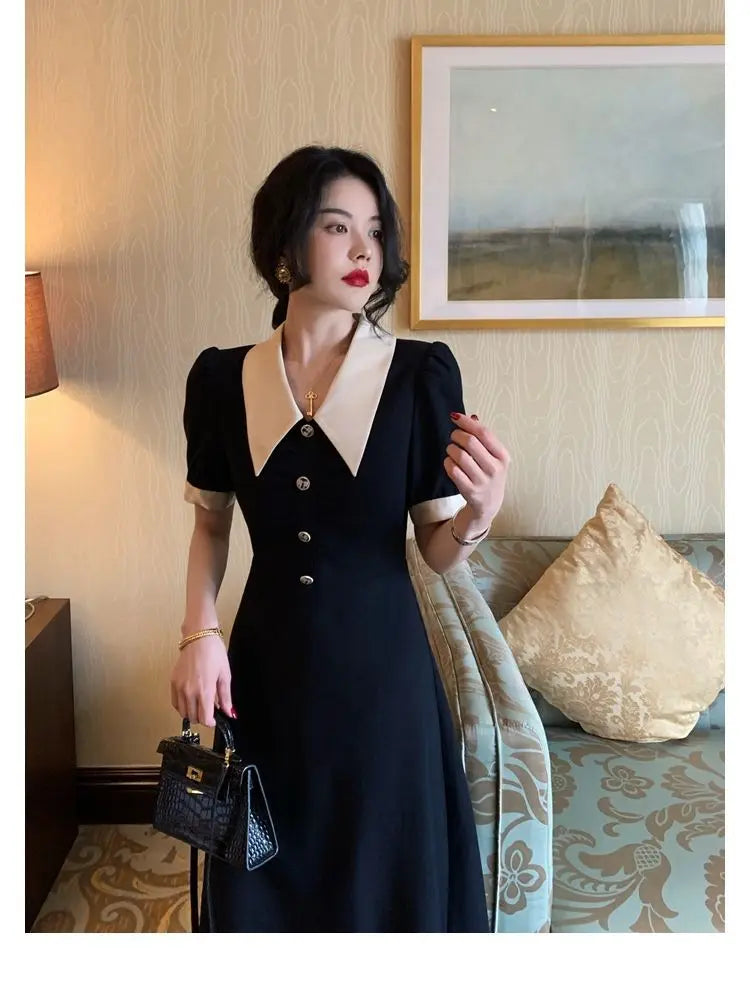 Short Sleeve Dresses Women Fashion Casual Harajuku Design French Vintage BF Hepburn Tender Slim Button Breathable All-match Fit - Seprincess