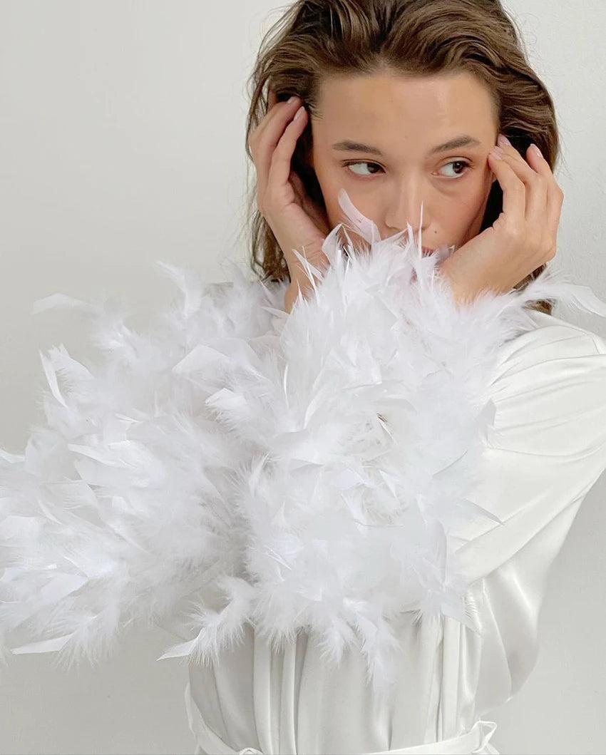 Hiloc Flare Sleeves Feather Robes With Fur White Wedding Sexy Robes Women Dresses Satin Bathrobe Female Sleepwear Fashion 2024 - Seprincess