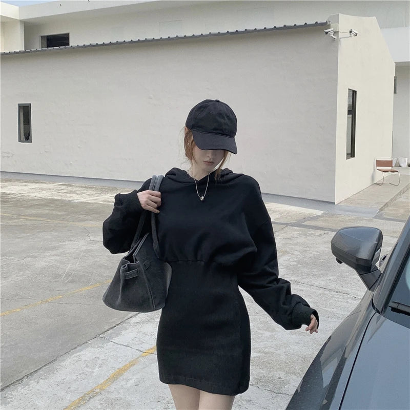 Hoodies Sweatshirt Knitted Dress Mini Black Long Sleeve Cotton Winter Vestido Corto Casual Korean Harajuku Fall 2020 Robe Femme - Seprincess