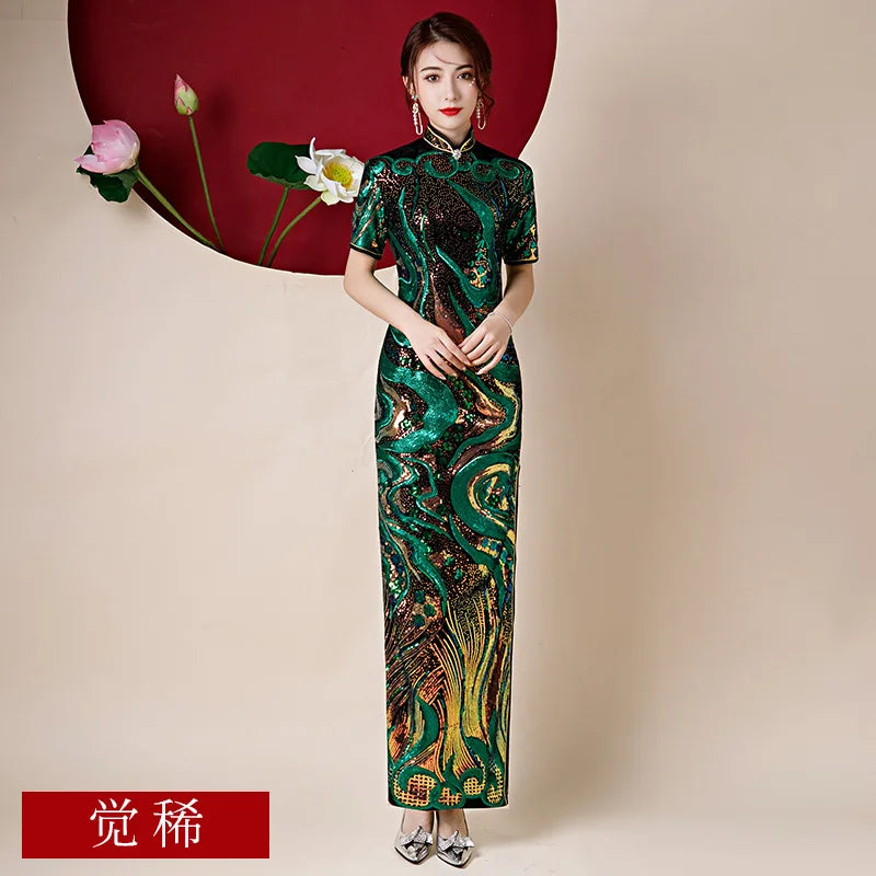 Oversize 4XL Velour Sequin Flower Cheongsam Women Slim Velvet Qipao Elegant Evening Party Dress Short Sleeve Vestidos - Seprincess