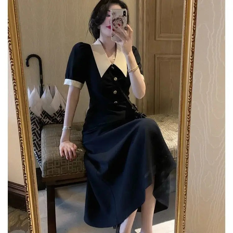 Short Sleeve Dresses Women Fashion Casual Harajuku Design French Vintage BF Hepburn Tender Slim Button Breathable All-match Fit - Seprincess