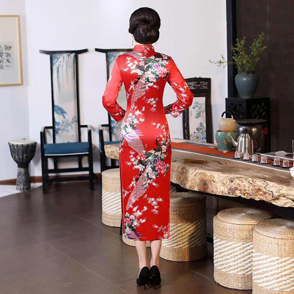 Women Chinese Traditional Dress Peacock Flower Print Long Split Bodycon Dress Cheongsam Stage Show Midi Slim Women Dress - Seprincess