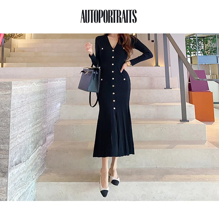 Vintage Korean Maxi Dresses for Women Party Long Sleeve V-neck Mermaid Dress Elegant Fashion Ladies Vestidos Femme Autumn 2023 - Seprincess