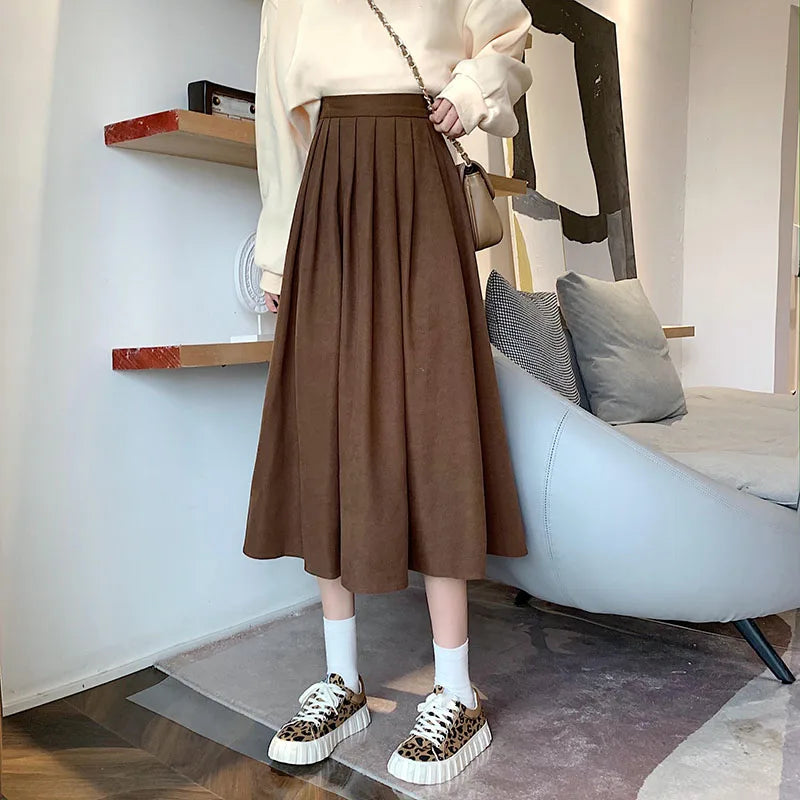 Lucyever Vintage Brown High Waist Pleated Skirt Women Korean Fashion College Style Long Skirt Ladies Autumn Casual A line Skirts - Seprincess