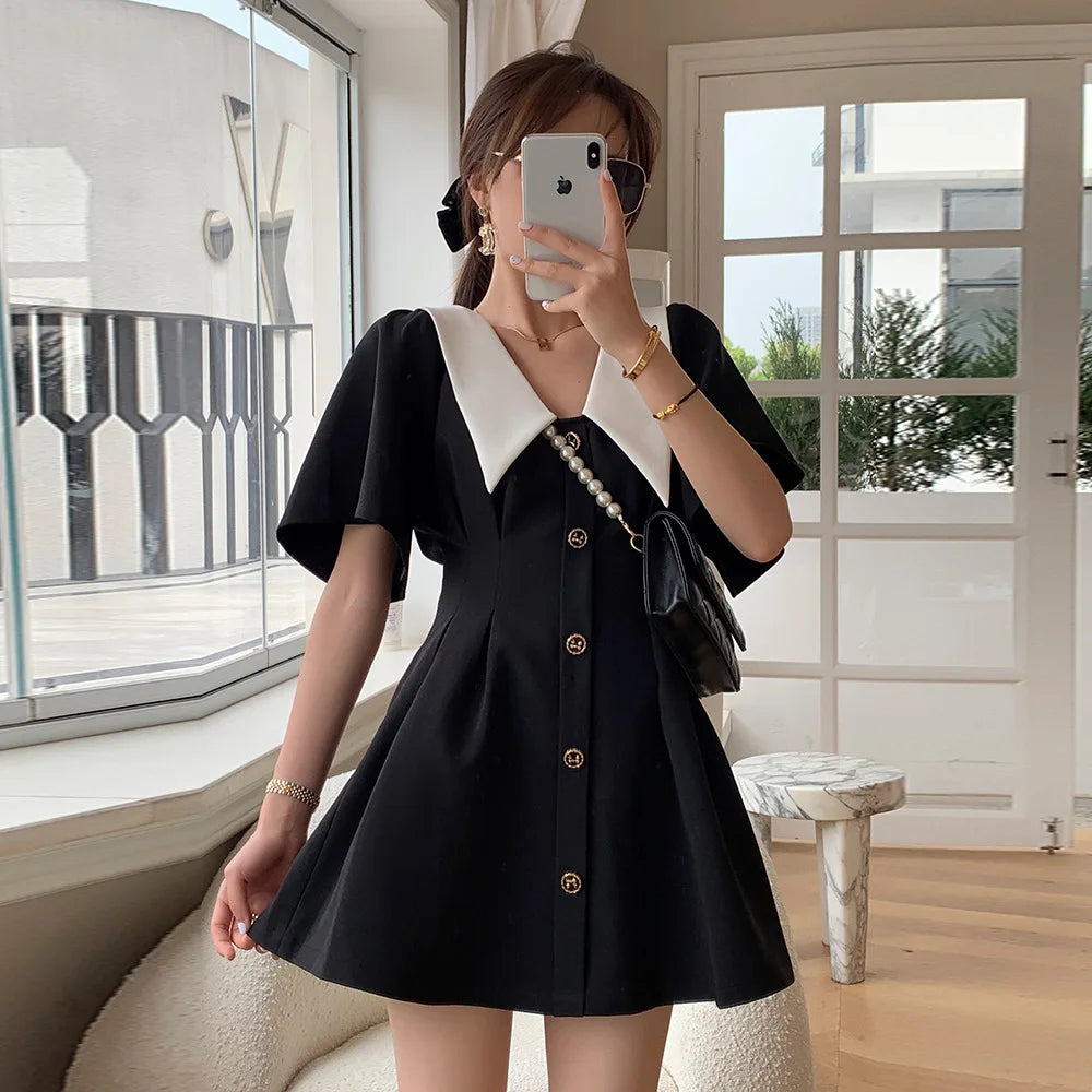 CGC Vintage Doll Collar Summer Dress Woman 2024 Kawaii College Style Mini Lolita Dress Casual Women Short Sleeve Party Dresses - Seprincess