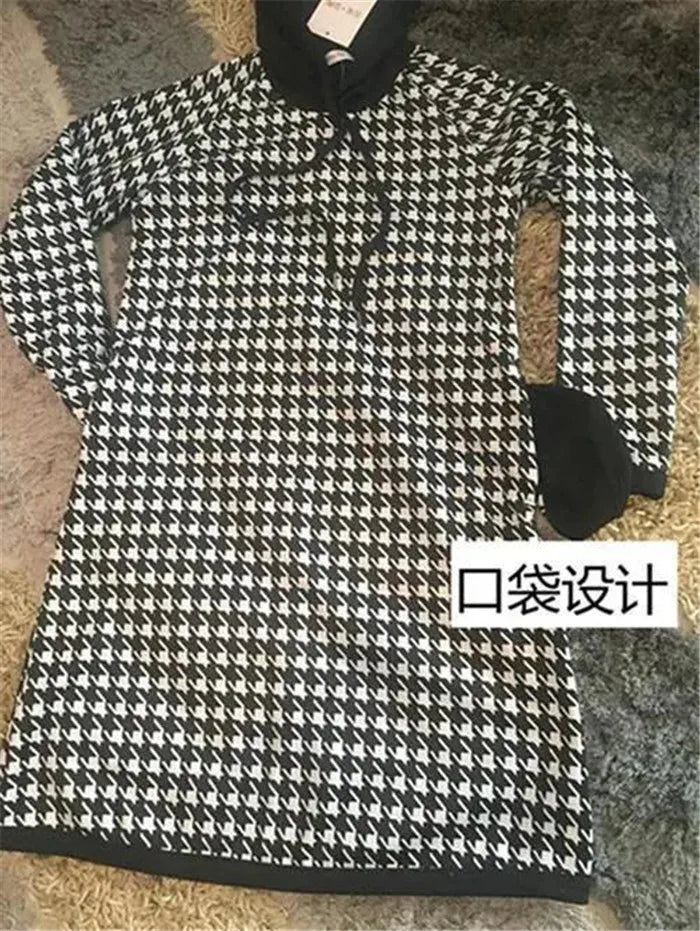 6XL Women's Dress 2024 Autumn Summer New Fashion Houndstooth Hooded Sweater Hoodie Dresses Winter Long-Sleeved Base Dress Female - Seprincess