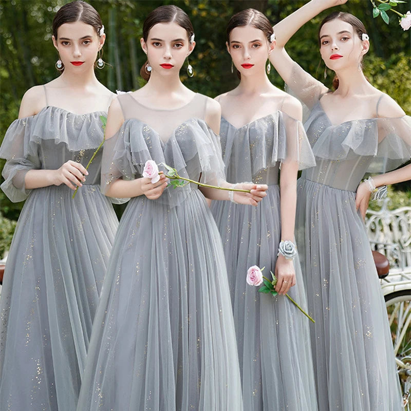 Bridesmaid Dresses Shining Sequin Appliques Women Wedding Party Dress V-Neck Half Sleeve Formal Long Gowns Elegant Vestidos R082