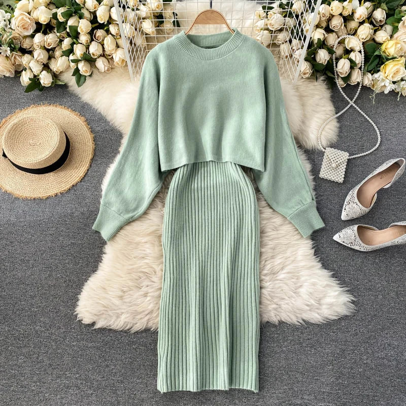 autumn Korean style clothes Two piece dress set Winter fall 2024 fashion women clothing new knitted knit long sleeves sweaters