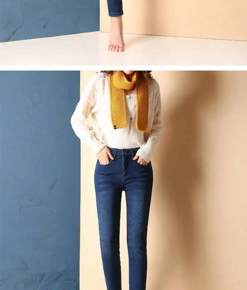 Women Blue Slim Super Thick Cashmere Denim Pants Classic High Waist Fleece Pencil Vaqueros Winter 34 Oversized Warm Jeans