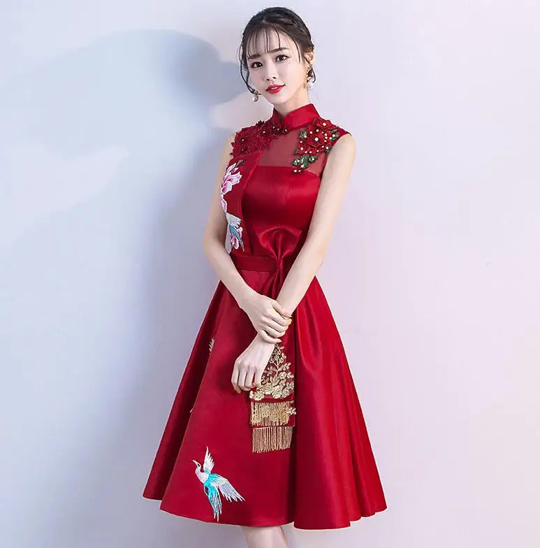 Buegundy Embroidery Oriental Style Banquet Dresses Chinese Vintage Traditional Wedding Cheongsam Elegant Evening Party Gowns - Seprincess