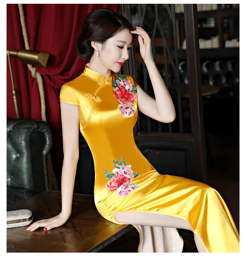 Classical Women Long Show Satin Chinese Dress Elegant Slim Embroidery Flower Qipao Cheongsam Retro Mandarin Collar Evening Gown - Seprincess