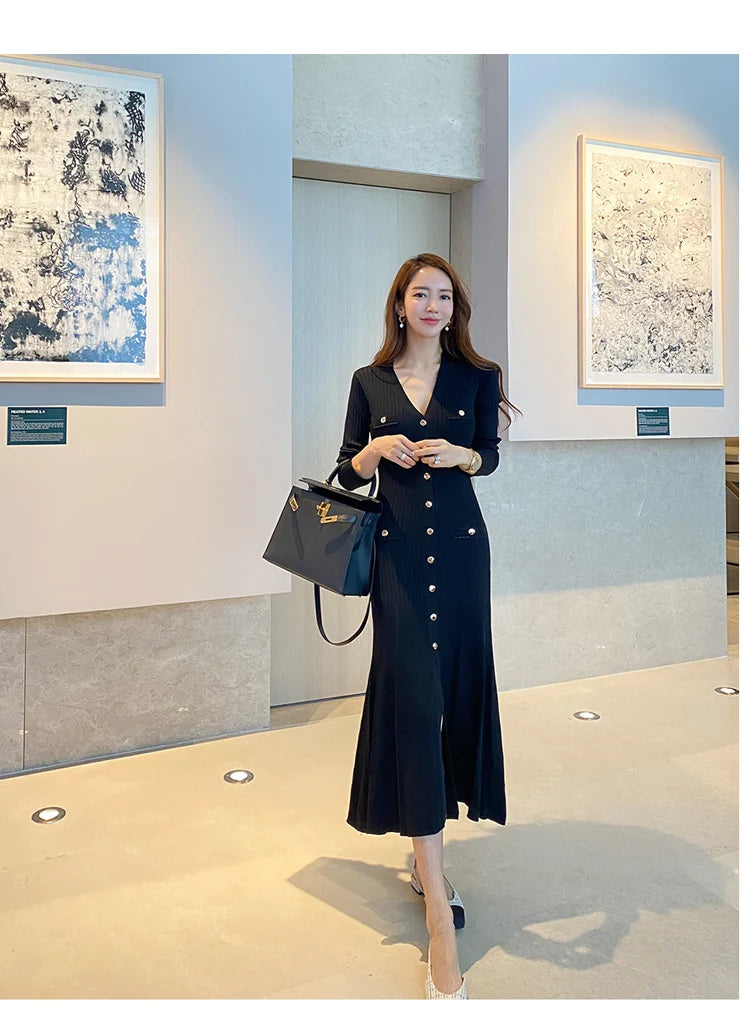 Vintage Korean Maxi Dresses for Women Party Long Sleeve V-neck Mermaid Dress Elegant Fashion Ladies Vestidos Femme Autumn 2023 - Seprincess