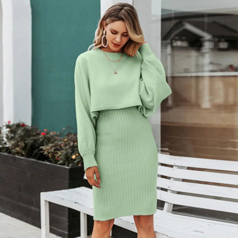 autumn Korean style clothes Two piece dress set Winter fall 2024 fashion women clothing new knitted knit long sleeves sweaters - Seprincess