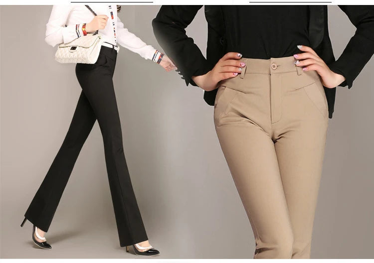 Women's Slimming Spring Summer Cotton Flare Pants Thin Stretch Casual Solid Color White Khaki Medium Waist Office OL Trousers S