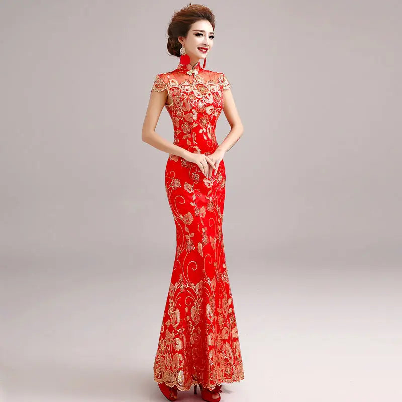 Female Long Short Sleeve Cheongsam Gold Sequin and Embroidery Chinese Traditional Dress Women Qipao Red Chinese Wedding Dress - Seprincess