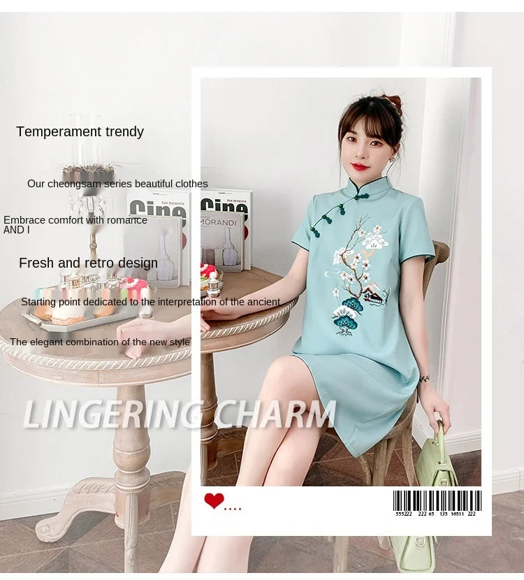 Plus Size M-4XL 2021 New Blue Loose Fashion Modern Cheongsam Dress Women Short Sleeve Qipao Traditional Chinese Style Clothes - Seprincess