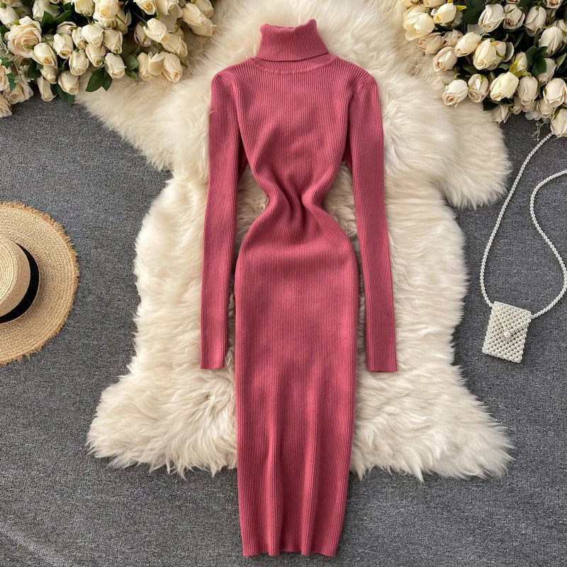 Dresses for Women 2022 Sexy Turtleneck Knitted Bodycon Dress Women Autumn Winter Long Sleeve Sweater Dress - Seprincess