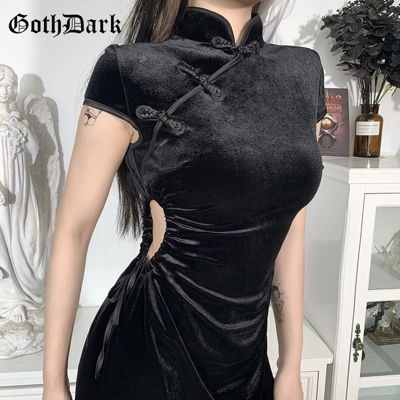 Goth Dark Romantic Gothic Velvet Aesthetic Dresses Vintage Women Black Bandage SlitHem Bodycon Dress Sexy Evening Wear Cheongsam