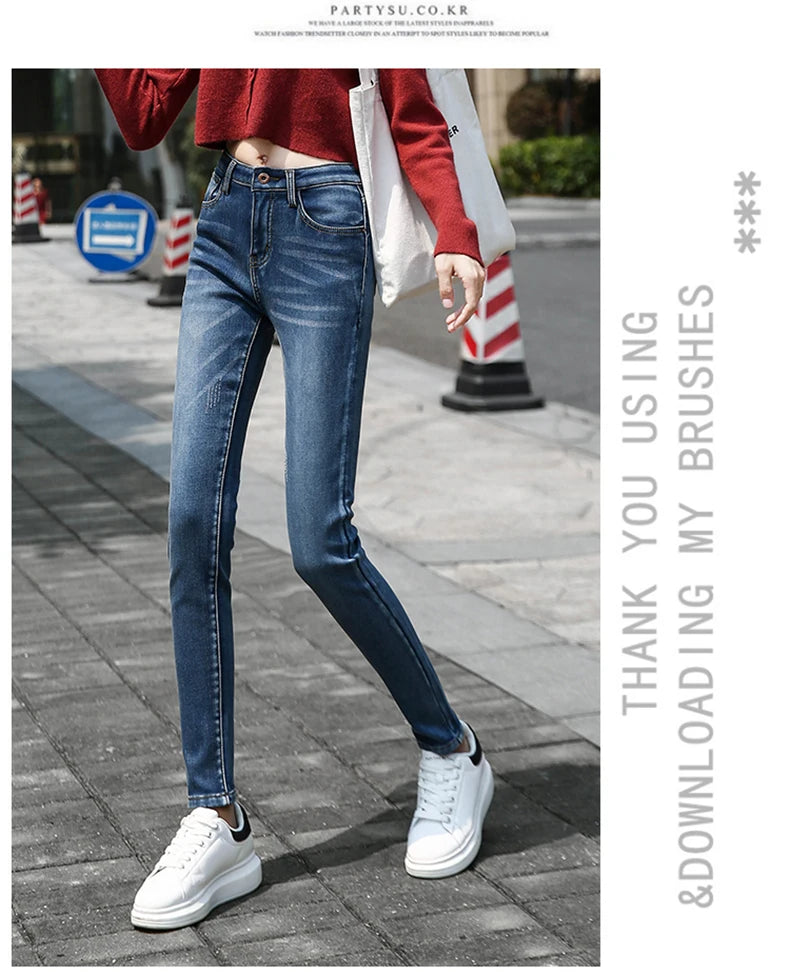 Clothes 26-40 winter women Colorful  velvet high waist jeans denim trousers stretch warm pencil pants thick skinny jeans