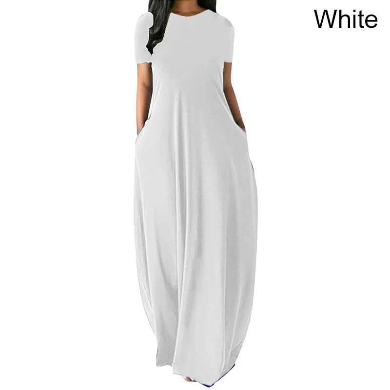 Women Oversize Casual Solid O-Neck Pockets Long Dress Summer Dress Female Plus Size Short Sleeve High Waist Maxi Dresses - Seprincess