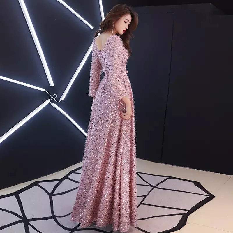 2021 Elegant Pink Feathers Long Evening Dress with Long-sleeve Shiny Sequin Lace Up Floor-Length Formal Gowns New Party Dresses - Seprincess