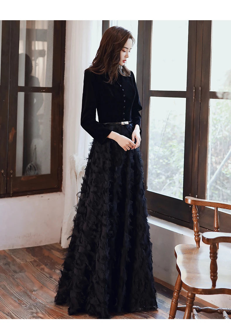 wei yin AE0349 Black Elegant Velvet Long Prom Evening Dresses 2024 Long Sleeves Lace Formal party Gowns Srobe de soiree - Seprincess