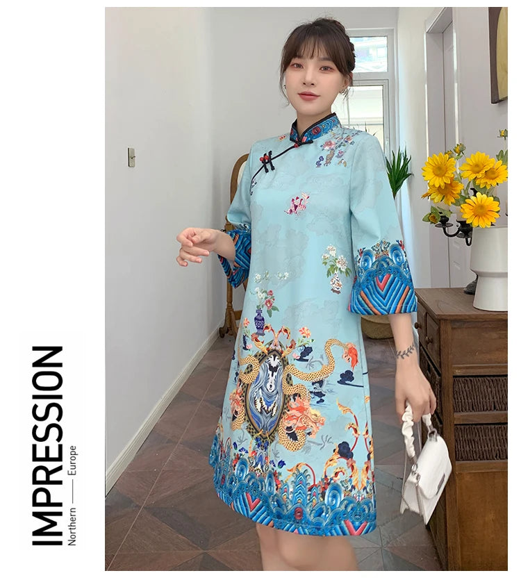 Ins Red Blue Loose 2021 New Fashion Modern Chinese Cheongsam A-line Dress Women 3/4 Sleeve Qipao Traditional Chinese Clothes - Seprincess