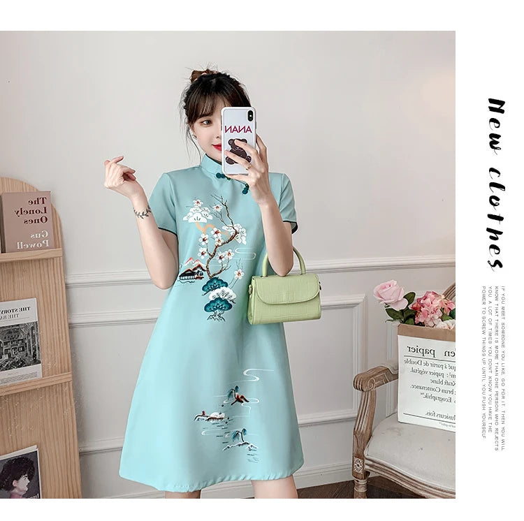 Plus Size M-4XL 2021 New Blue Loose Fashion Modern Cheongsam Dress Women Short Sleeve Qipao Traditional Chinese Style Clothes - Seprincess