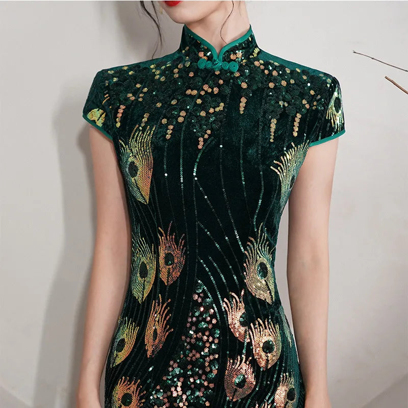 Elegant Lady Sequins Qipao Sexy Cheongsam Classic Mandarin Collar Chinese Dress Velvet Size 5XL Evening Party Vestidos - Seprincess