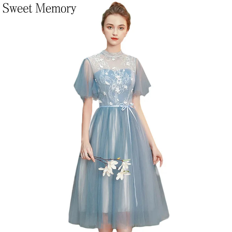 Gray Blue Bridesmaid Dresses For Women Elegant Half Sleeve Wedding Guest Dress Tulle Tea-Length Girl Vestido De Festa - Seprincess