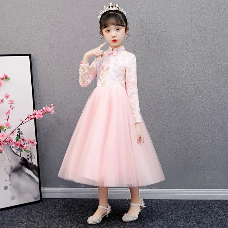 Cute Flower Girls Dresses Kids Chinese Embroidery Lace Cheongsam Dress Baby Girls Elegant Traditional Chinese New Year Dress