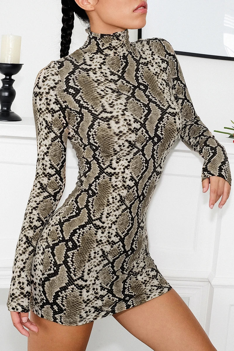 Fashion Sexy Dresses Women Snake Print Bodycon Long Sleeve Evening Party Club Mini Short Dress Holiday Femme vestido de mujer - Seprincess