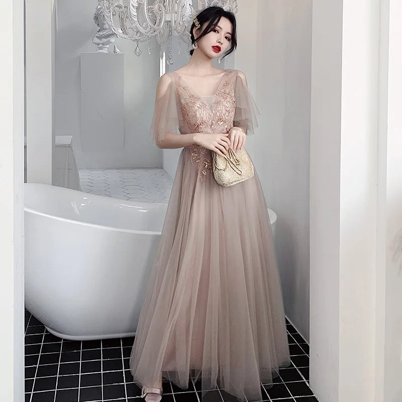 Bridesmaid Dresses Shining Sequin Appliques Women Wedding Party Dress V-Neck Half Sleeve Formal Long Gowns Elegant Vestidos R082 - Seprincess