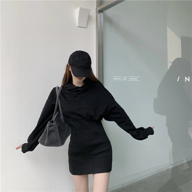 Hoodies Sweatshirt Knitted Dress Mini Black Long Sleeve Cotton Winter Vestido Corto Casual Korean Harajuku Fall 2020 Robe Femme - Seprincess