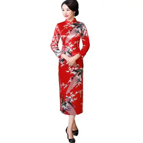 Women Chinese Traditional Dress Peacock Flower Print Long Split Bodycon Dress Cheongsam Stage Show Midi Slim Women Dress