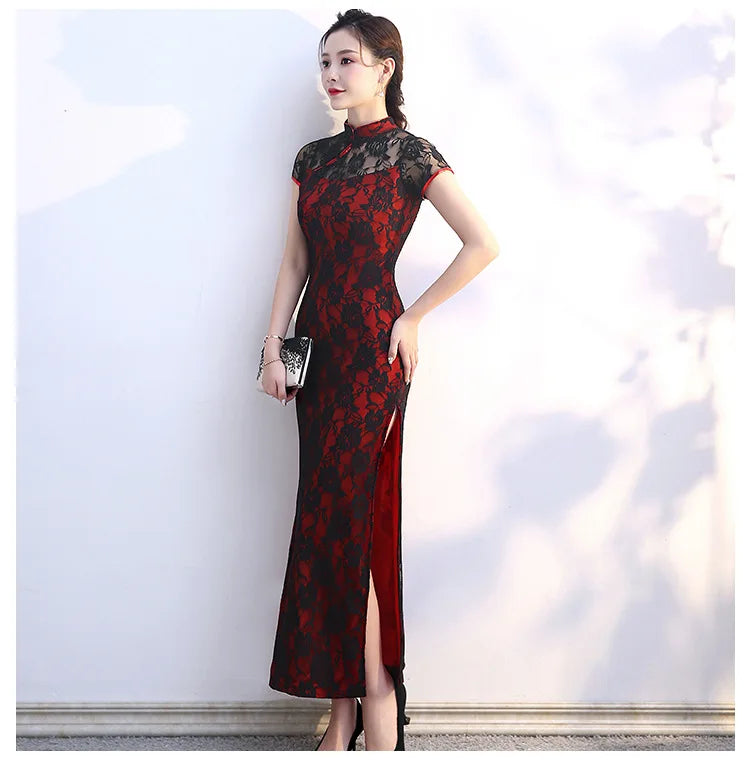 Lace Floral Perspective Collar Qipao Sexy Long Women Cheongsams Big Size 3XL 4XL 5XL Chinese Dress Grace Evening Party Vestidos