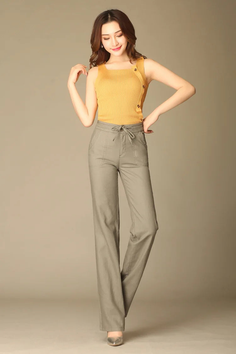 Women Drawstring Casual Cotton Linen Pants Solid White Black Khaki Breathable Summer Thin Straight Leg Loose Trousers S 4XL