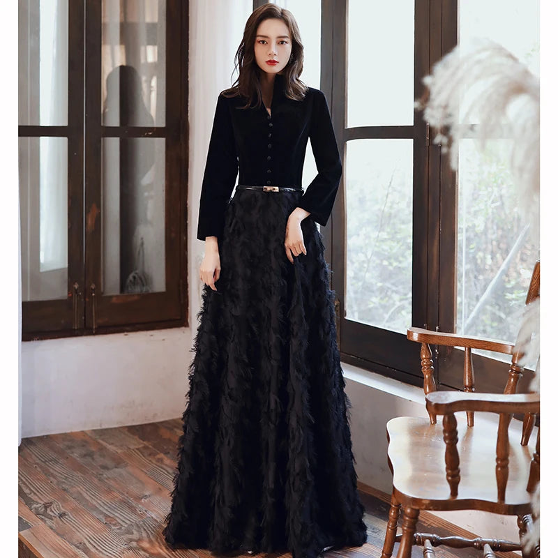 wei yin AE0349 Black Elegant Velvet Long Prom Evening Dresses 2024 Long Sleeves Lace Formal party Gowns Srobe de soiree - Seprincess