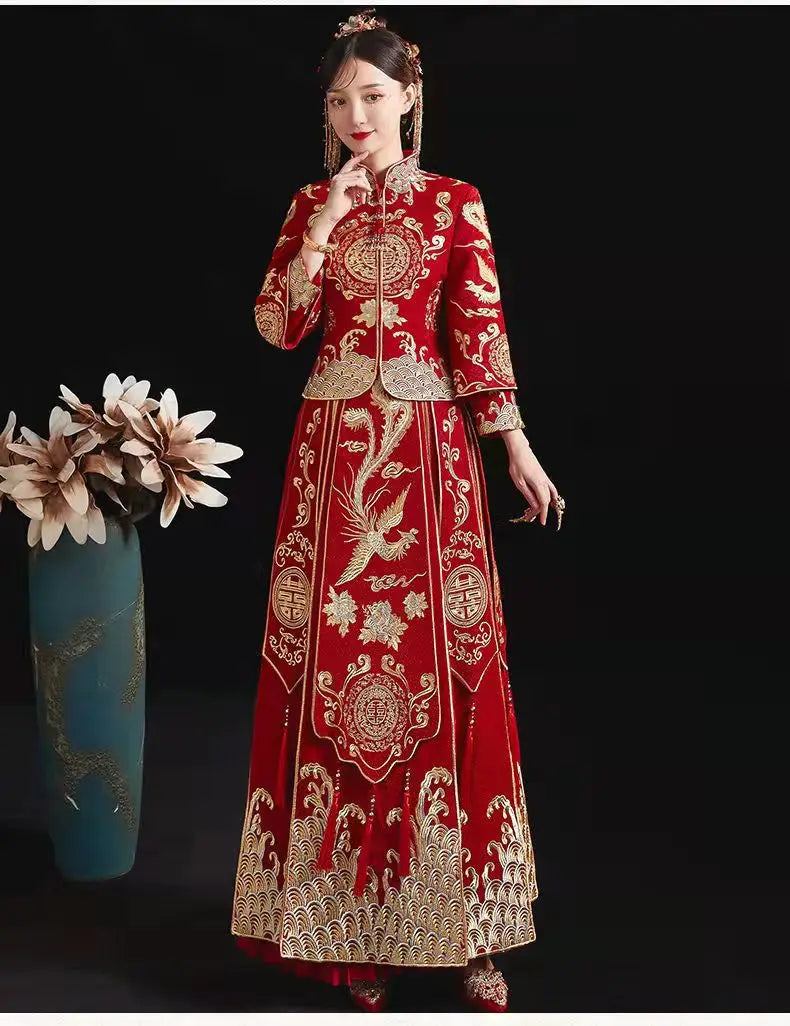 Modern Cheongsam Top + Skirt Suit Red Qipao Long Chinese Traditional Wedding Dress Oriental Style Xiuhefu Dresses - Seprincess