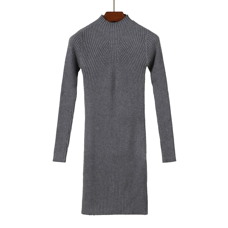 Basic 2024 Winter Casual Women's Dresses Ladies Midi Dress Sweater Knitted Korean Fashion Robe Clothes Clothing Elegant Black - Seprincess