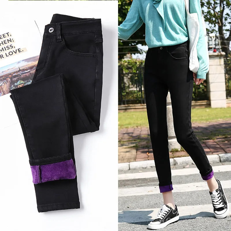 Winter Thick Women Warm Skinny Jeans Simple Stretch Velvet Fleece Female High Waist Denim Pencil Pants Clothes 36 38 40