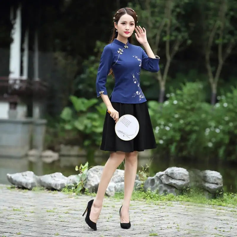 Cheongsam Women's Plus Size Tops 2024 Summer New Fashion Cotton Manual Embroidery Stand Collar Chinese Style Qipao Shirts Woman - Seprincess