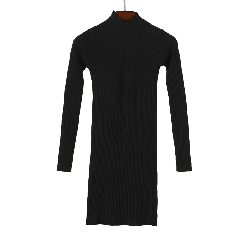 Basic 2024 Winter Casual Women's Dresses Ladies Midi Dress Sweater Knitted Korean Fashion Robe Clothes Clothing Elegant Black - Seprincess