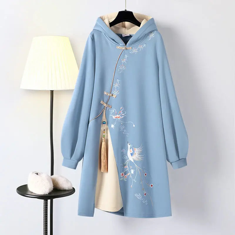 Winter Plus Size Dress Women's Chinese Traditional Style Hanfu Cheongsam Embroidered Tang Suit Hooded Sweatshirt Vestidos - Seprincess