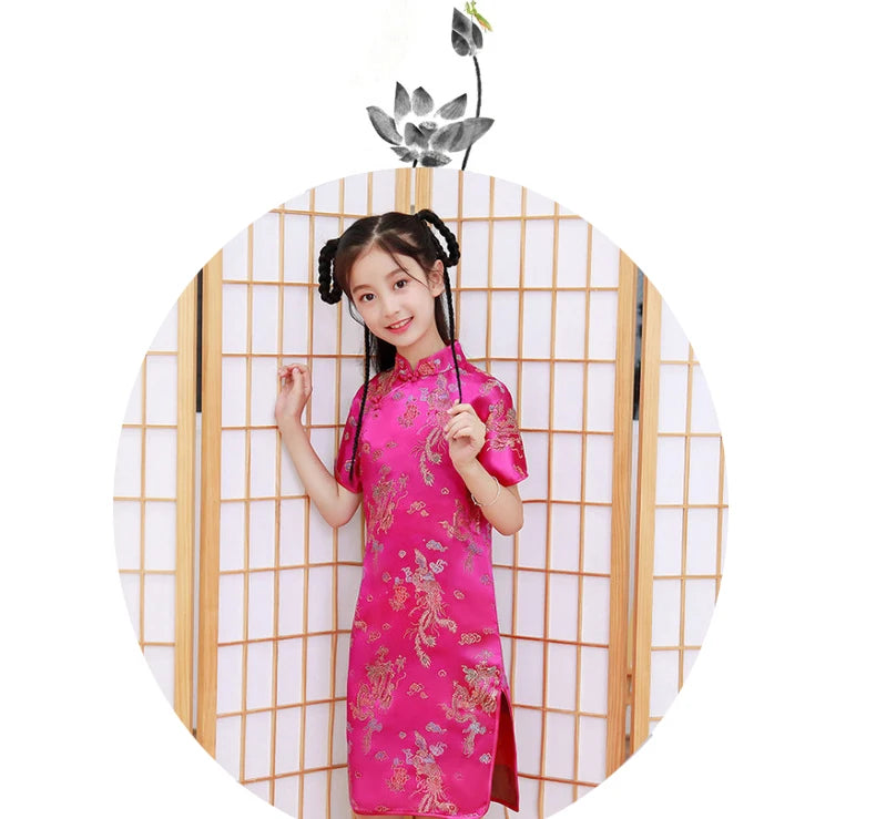 Lovely Girls Silky Satin cheongsam Dress Cute Princess Girls Dresses Kids Party Ball Gown Dress New Year cheongsam Clothing - Seprincess