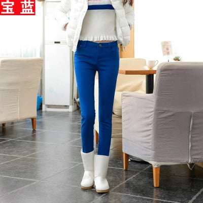 Korean Fashion Velvet Stretch Skinny Pant Women Mid Waist Warm Vaqueros Office Fleece Trousers Candy Colors Thick Winter Jeans